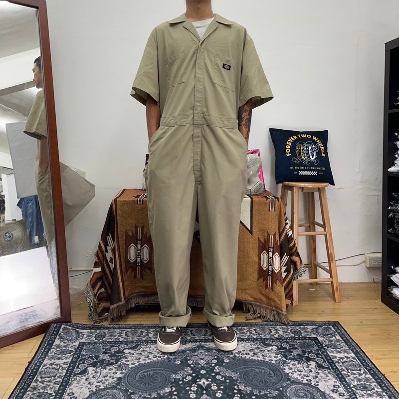 DICKIES Khaki short-sleeved jumpsuit COVERALLS XL vintage second-hand - กางเกงขายาว - ผ้าฝ้าย/ผ้าลินิน สีกากี