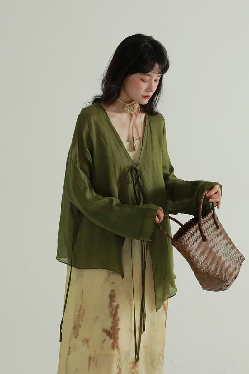 2顏色 苧麻繫帶防曬開衫 休閒簡約寬鬆復古輕薄襯衫上衣 - 女上衣/長袖上衣 - 棉．麻 綠色