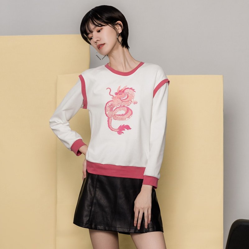 【MEDUSA】Pink Splicing Sequin Dragon Patch Sweatshirt - Unisex Hoodies & T-Shirts - Cotton & Hemp White