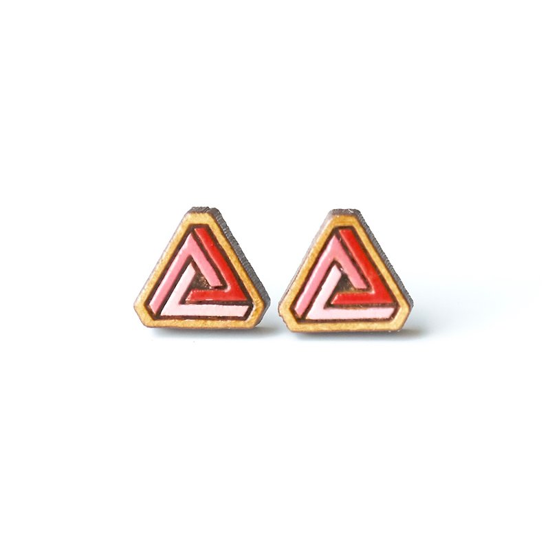 彩繪木耳環-三角幾何(紅色) - 耳環/耳夾 - 木頭 粉紅色