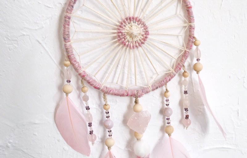 Handmade Dreamcatcher -  Rose quartz - Items for Display - Cotton & Hemp Pink