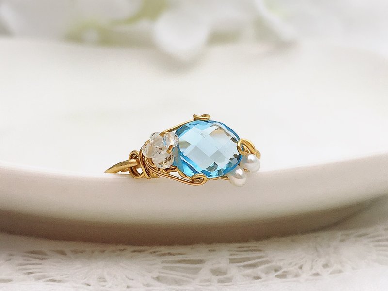 Marie's garden  - スイスブルートパーズ ホワイトトパーズ 淡水パールのワイヤーリング - 戒指 - 寶石 藍色