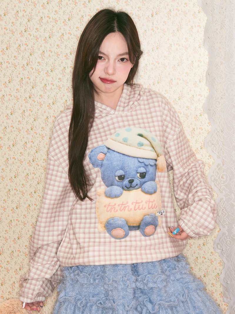 栗色格紋睡眠小熊絨面連帽衛衣 - 女上衣/長袖上衣 - 其他材質 多色