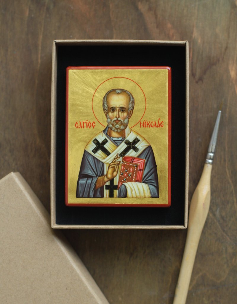 hand painted orthodox wood icon Saint Nicholas of Myra wonderworker - 其他 - 木頭 金色