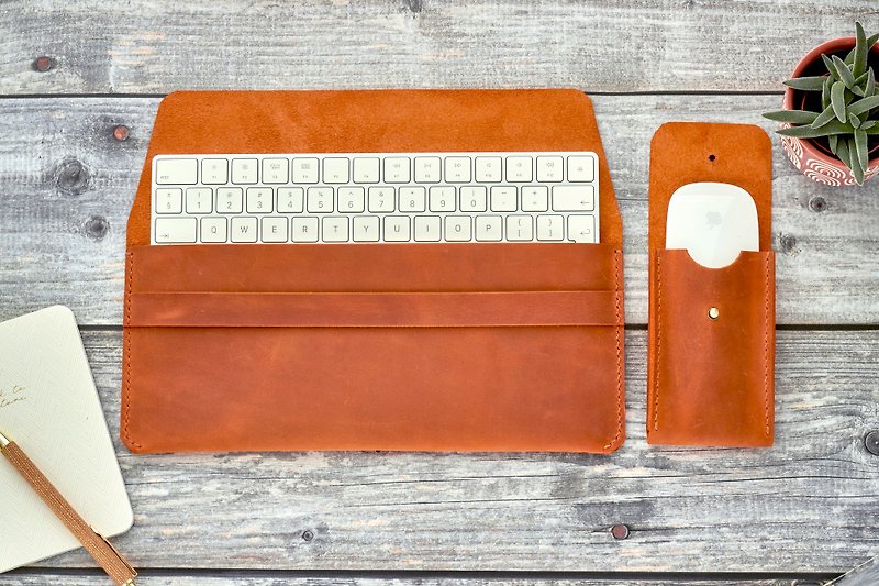 Personalized Leather SET of cases for Apple Magic Mouse and Magic Keyboard - 平板/電腦保護殼/保護貼 - 真皮 橘色