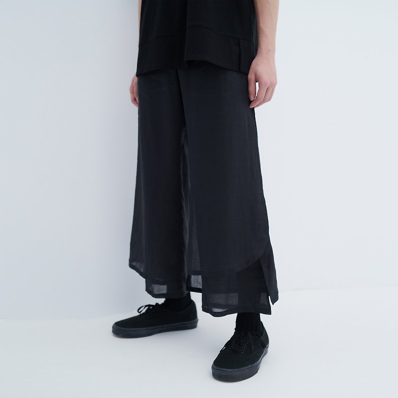 TRAN - Hemp double trousers - กางเกงขายาว - ผ้าฝ้าย/ผ้าลินิน สีดำ