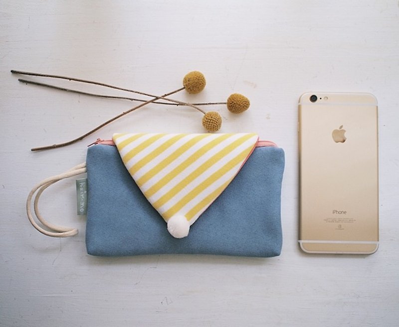 條紋馬卡龍拉鍊手提手機包-麂皮藍(iphone/samsung/行動電源) - 手機殼/手機套 - 棉．麻 藍色