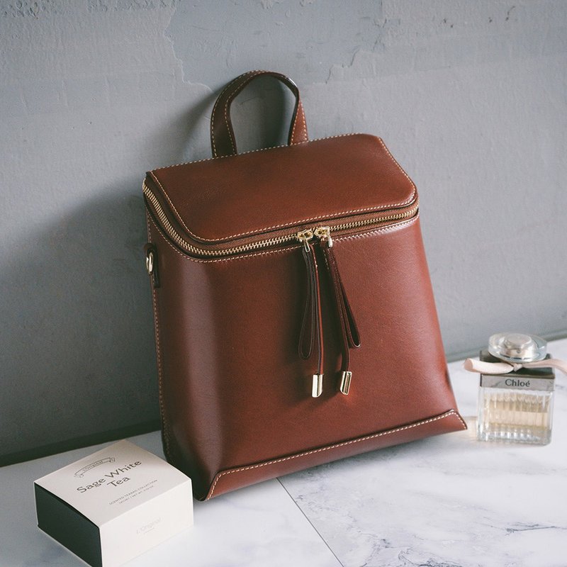 Genuine leather classic dual-purpose backpack S-12020 red Brown - กระเป๋าเป้สะพายหลัง - หนังแท้ สีแดง