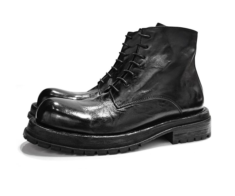 Genuine horse leather washed lace-up boots-A6-5 - รองเท้าบูธผู้ชาย - หนังแท้ สีดำ