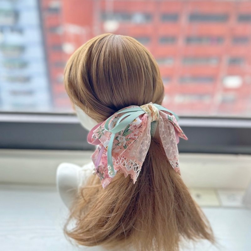 棉布蝴蝶結蕾絲鯊魚夾抓夾相交夾髮夾髮飾頭飾-橘粉色底小白花 - 髮夾/髮圈 - 其他材質 粉紅色