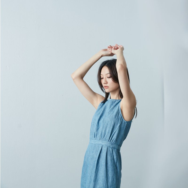 Sleeveless Vest Dress - Denim - ชุดเดรส - ผ้าฝ้าย/ผ้าลินิน สีน้ำเงิน