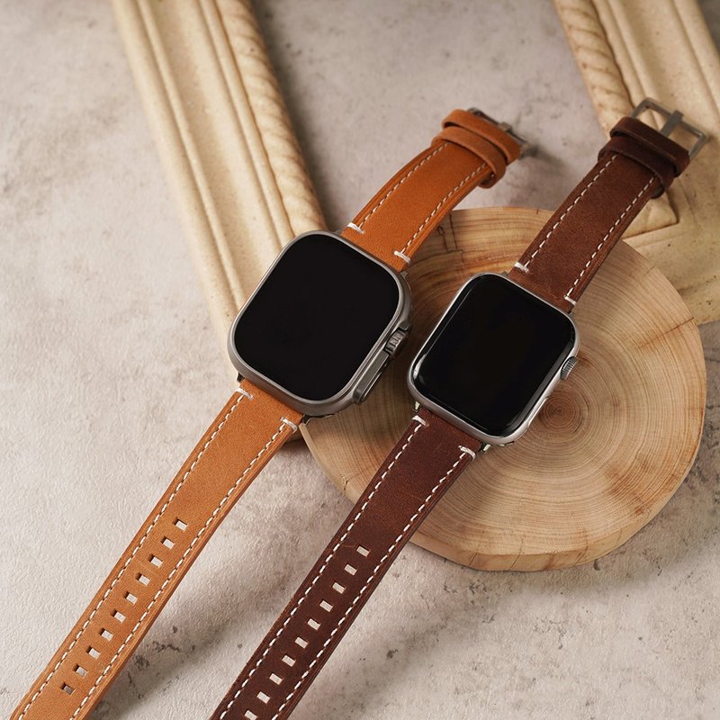 Apple watch - Crazy Horse Genuine Leather Apple Watch Strap with Textured Square Buckle - สายนาฬิกา - หนังแท้ 