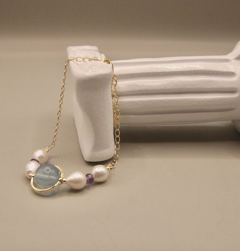 Looking Back, Sea Sapphire + Natural Freshwater Pearl Bracelet, Natural Untreated Crystal, 14K Bronze Infused Gold - Bracelets - Crystal 