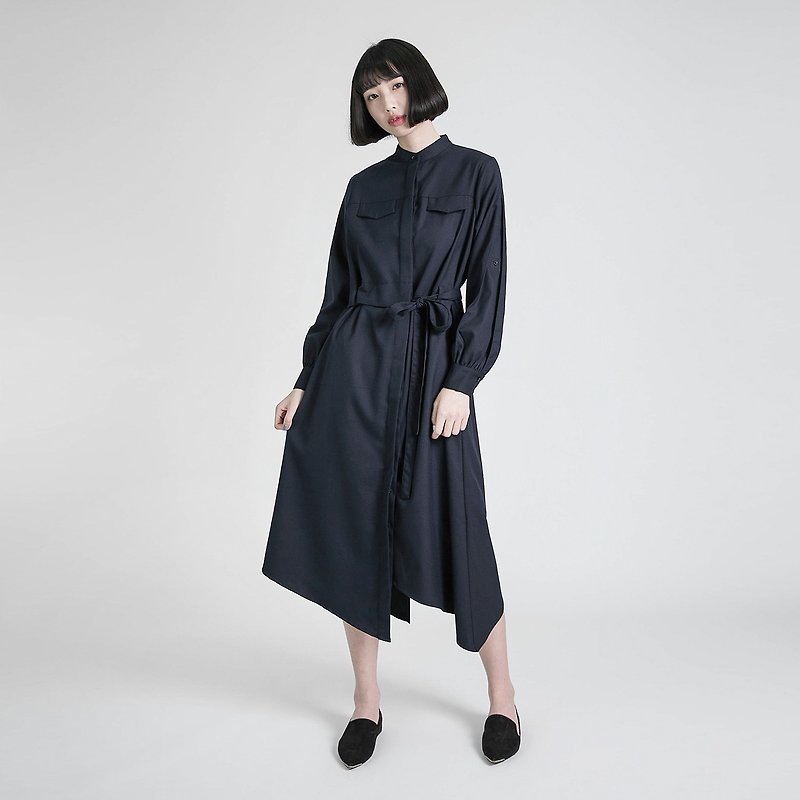 立派な非対称の世俗的なウールのドレス_8AF105_丈青 - ワンピース - コットン・麻 ブルー