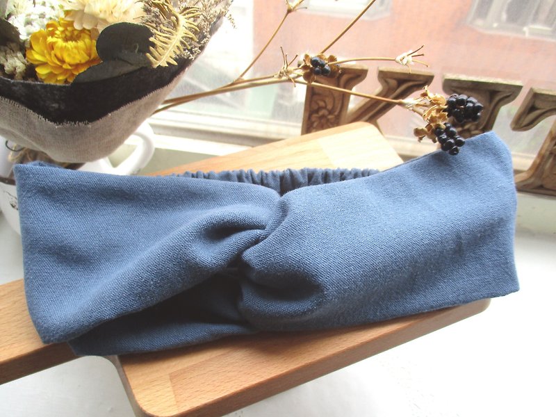 交叉髮帶(鬆緊手工)-灰藍野木棉 - 髮夾/髮飾 - 棉．麻 藍色