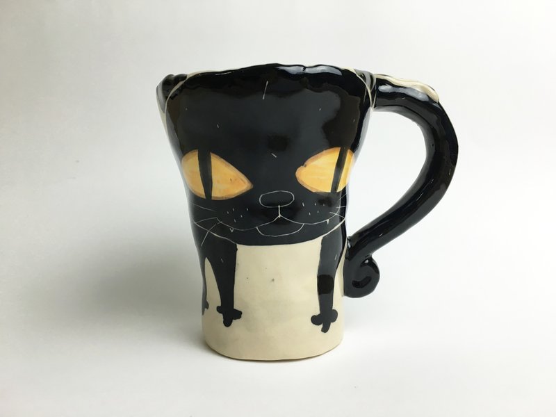 Nice Little Clay handmade bell cup_black cat 120300 - Mugs - Pottery White