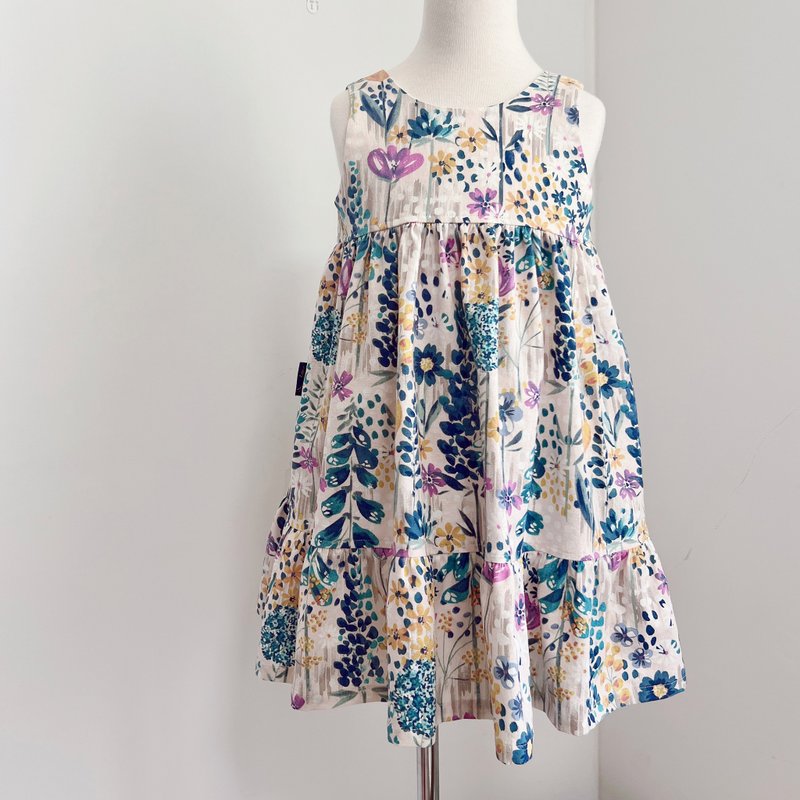 Lianghou V dress watercolor garden - Skirts - Cotton & Hemp Blue