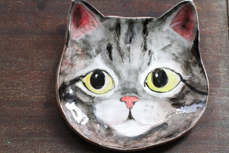 純手捏可愛貓咪陶盤 - 盤子/餐盤/盤架 - 陶 黑色