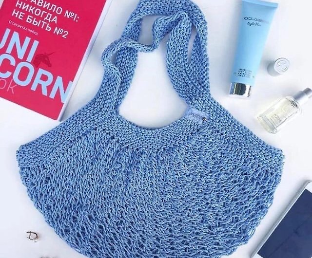 人気提案 ハンドメイド 手作り バッグ 鞄 手編み かぎ針編み 青色 オリジナルバッグ