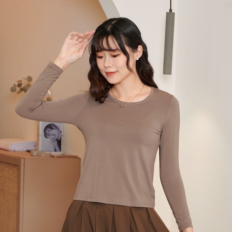 Women's lightweight brushed thermal clothing, sanitary clothing, brushed sweater, high elasticity, large U-neck, nine-quarter sleeves, women's brown - Women's Tops - Polyester 