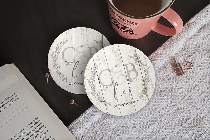 Personalized Rustic Family Name Monogram Coaster with Wooden Background - ที่รองแก้ว - ดินเผา ขาว