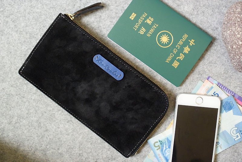 YOURS large capacity zipper long black suede + blue leather - กระเป๋าสตางค์ - หนังแท้ 