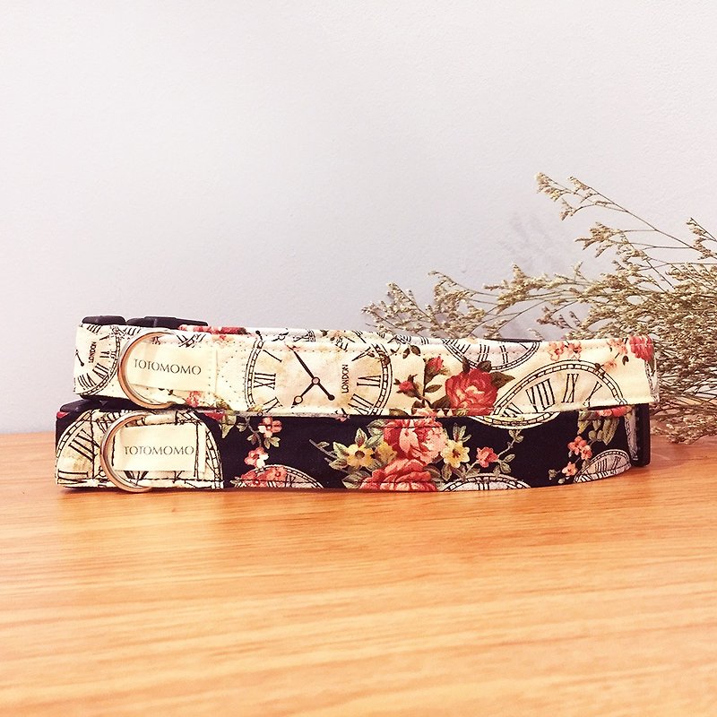 Rose clock vintage dog collar - ปลอกคอ - ผ้าฝ้าย/ผ้าลินิน สีดำ