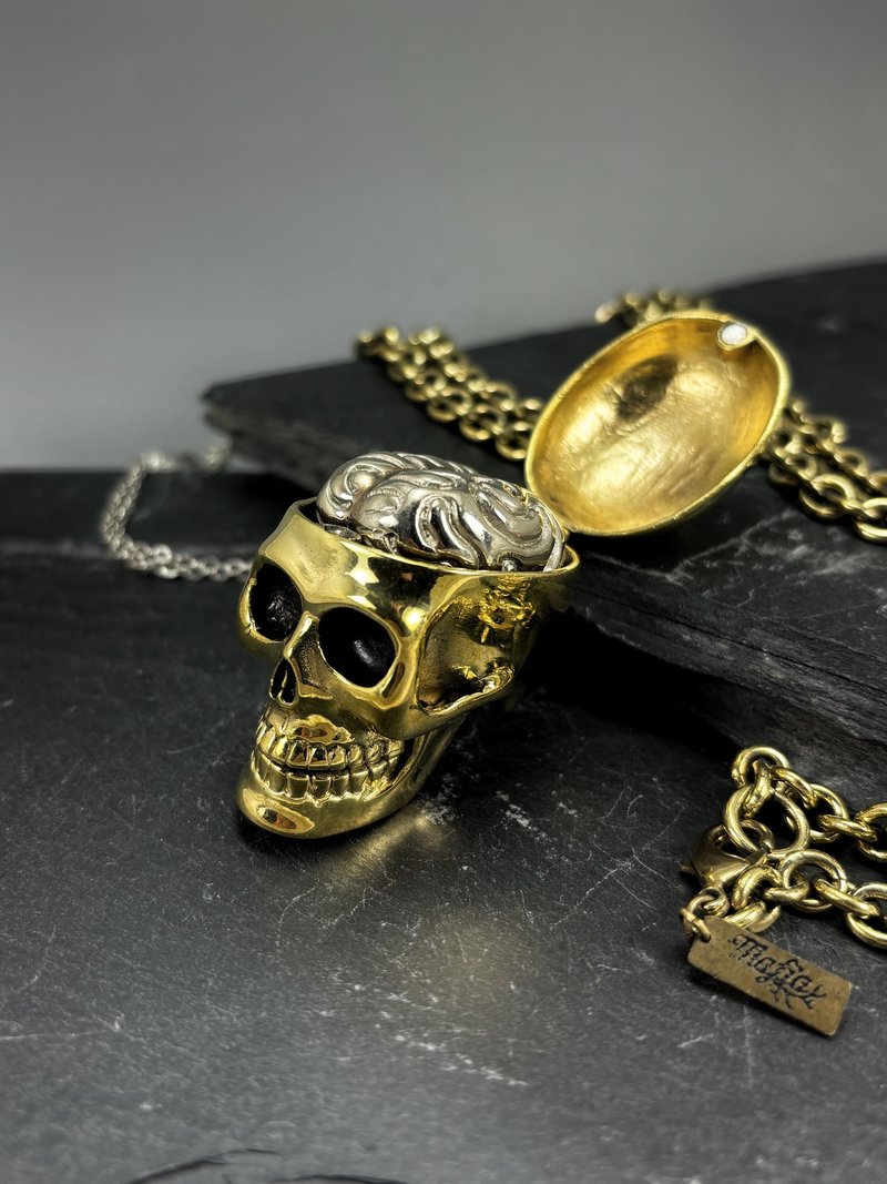 Golden Skull and Brain Pendant Necklace in Brass. Available in 4 Colourways. - Necklaces - Other Metals 