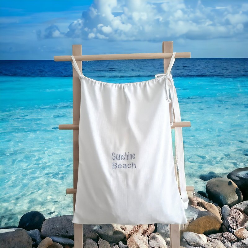 Personalized backpack laundry bag linen custom embroidered,Travel beach bag gift - อุปกรณ์ห้องน้ำ - ลินิน ขาว