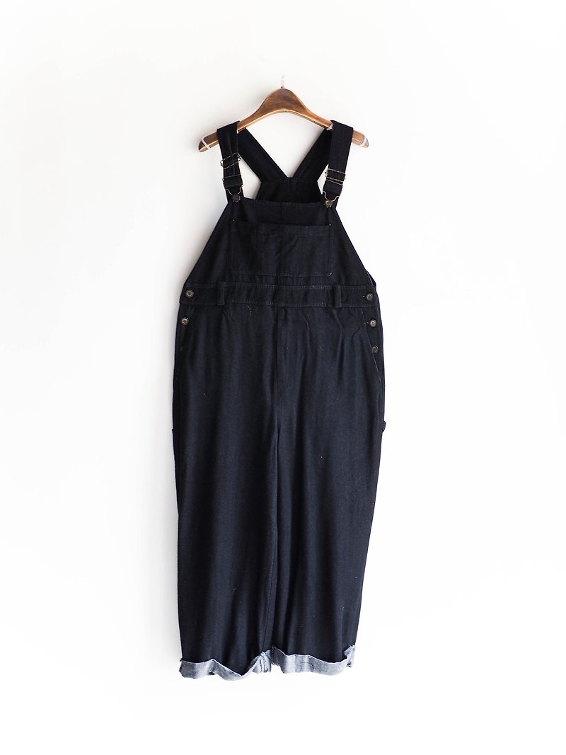 River Hill - Poetry Night Nagano deep black youth with a soft cloth vintage jumpsuit denim suspenders trousers overalls oversize vintage neutral - Overalls & Jumpsuits - Cotton & Hemp Black