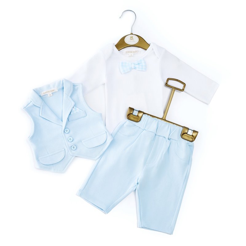 初生婴兒 小紳士 领結包庇衣+馬甲+長褲3件套 Party彌月禮服 - 包屁衣/連身衣 - 棉．麻 藍色
