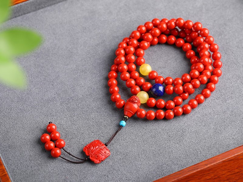 天然原礦硃砂精品紅砂三圈108顆佛珠手鏈 硃砂含量高達95%以上 - 手鍊/手環 - 寶石 