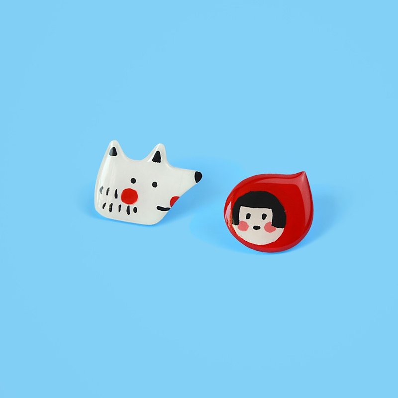 Cute and fun fairy tale Little Red Riding Hood earrings asymmetrical hand-painted earrings - Earrings & Clip-ons - Resin Multicolor