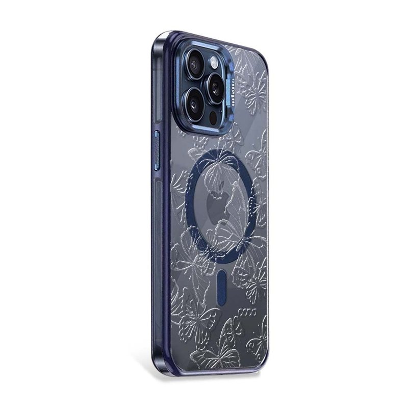 iPhone15/14 Pro embossed shock-proof dual-material anti-yellowing magnetic metal frame case-Transparent Butterfly - เคส/ซองมือถือ - วัสดุอื่นๆ หลากหลายสี