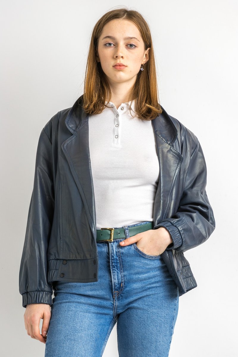 Leather Moto Bomber Jacket Women Vintage 80s Bomber Biker Jacket Blue 5866 - 女大衣/外套 - 真皮 藍色