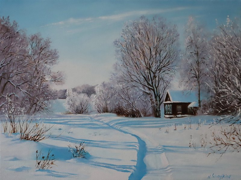 Original Winter Rural Oil Painting, Farmhouse Snowy Landscape - ตกแต่งผนัง - วัสดุอื่นๆ ขาว