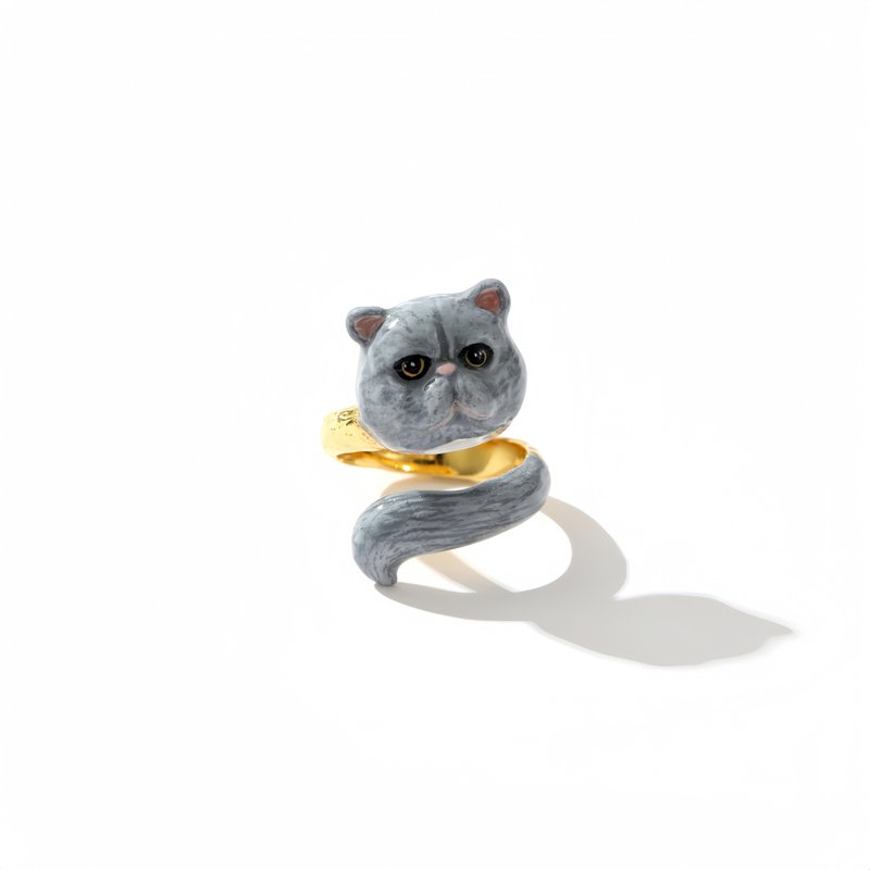 Super cute gray British shorthair cat painted enamel ring (size can be fine-tuned) - General Rings - Enamel 