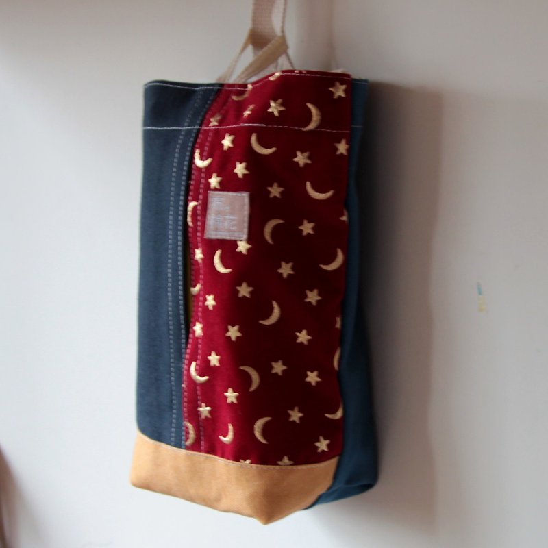Wall-mounted canvas tissue cover, dark blue canvas + red star moon velvet - Tissue Boxes - Cotton & Hemp Red