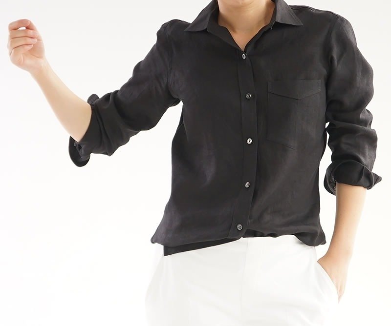 Linen premium horizontal color shirt / black t 0 32 b - bck 1 - เสื้อเชิ้ตผู้หญิง - ผ้าฝ้าย/ผ้าลินิน สีดำ