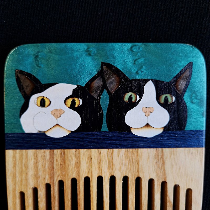 Wooden cat decor hair comb / handmade kitty animal decor mosaics inlay 木梳 兔子 - 其他 - 木頭 金色