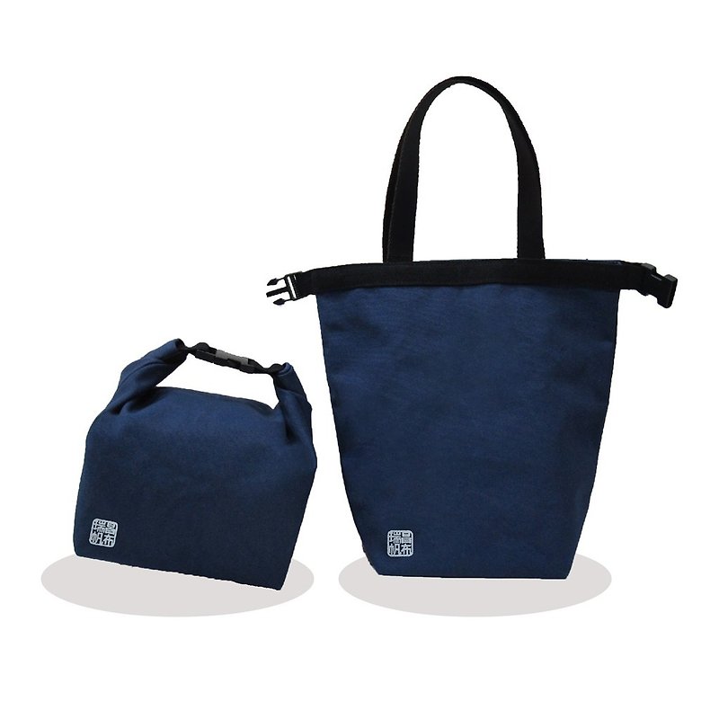 Canvas eco-friendly lunch bag portable shoulder bag multi-purpose large capacity Kyoto blue - กล่องข้าว - ผ้าฝ้าย/ผ้าลินิน สีน้ำเงิน