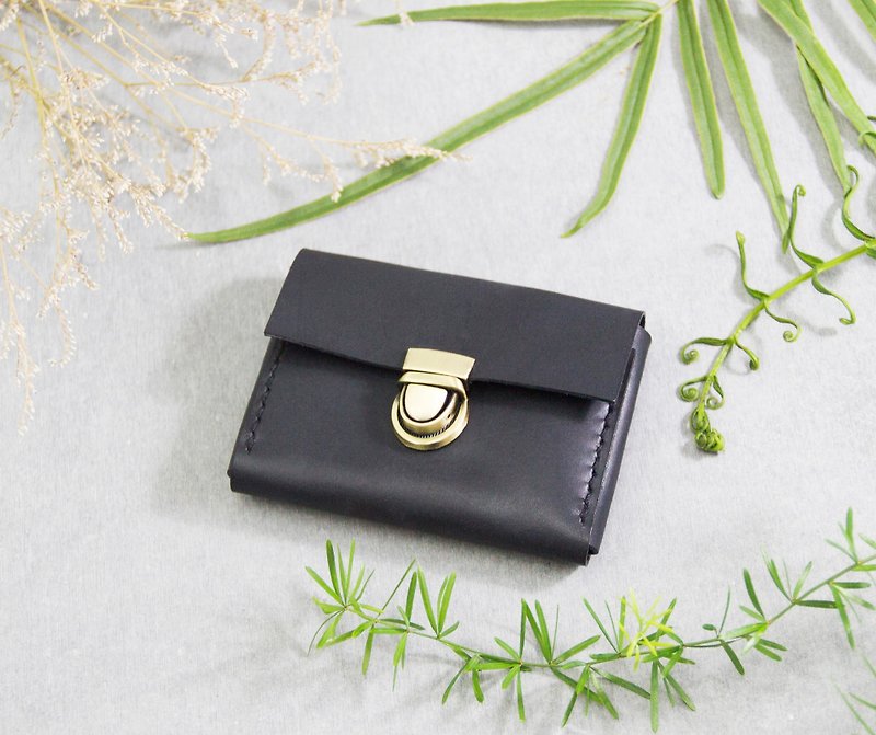 [Leather double-layer card coin purse/business card bag] European vegetable tanned cowhide/customized lettering/matt black - ที่เก็บนามบัตร - หนังแท้ สีดำ