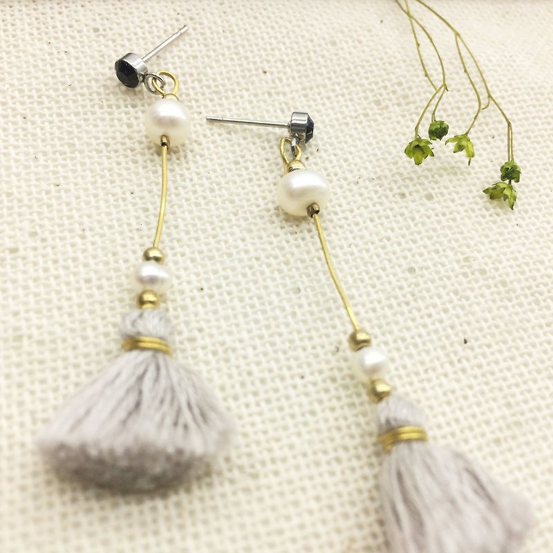 Laolin groceries l natural Shanghai pearls x Japanese embroidery thread hand made tassel earrings ear hook l ear pin l ear clip - Earrings & Clip-ons - Other Metals Gray