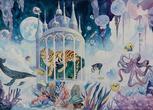 ファンタジーアビスの眠り-オリジナルの水彩画アート絵画/アート