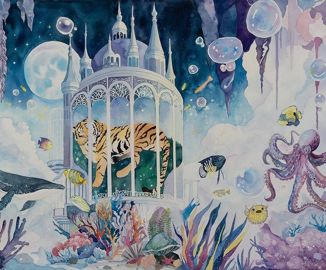 ファンタジーアビスの眠り-オリジナルの水彩画アート絵画/アート
