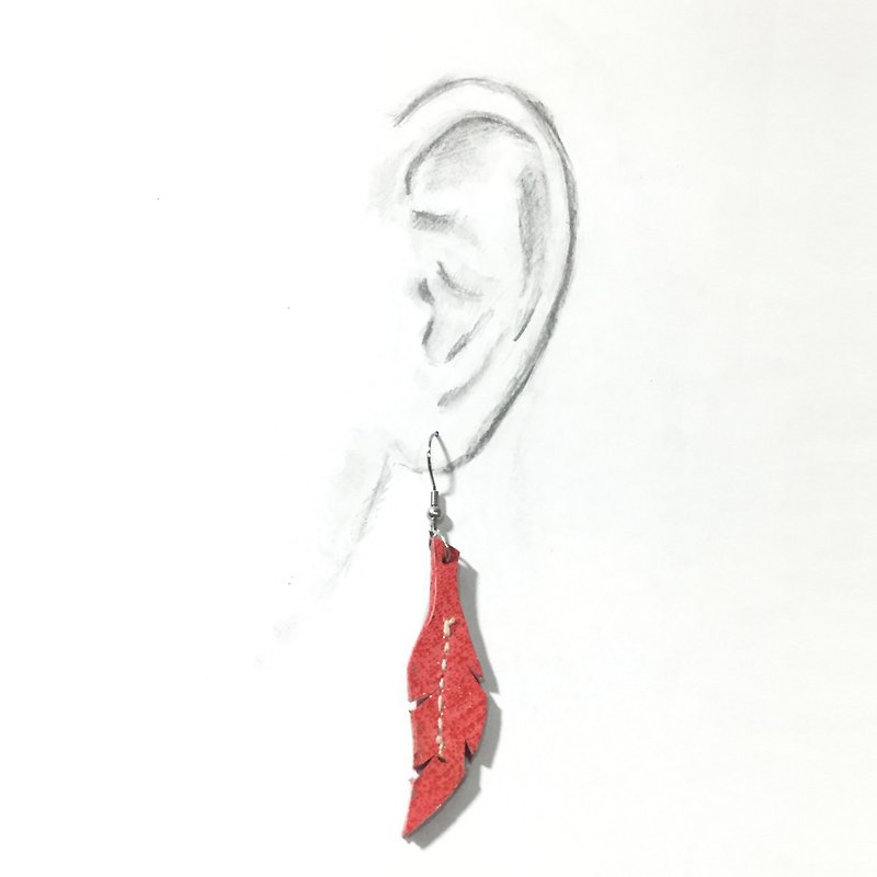 ~ ~ New York Red Leather Feather Dangle Stainless Steel Earrings - Earrings & Clip-ons - Genuine Leather Red