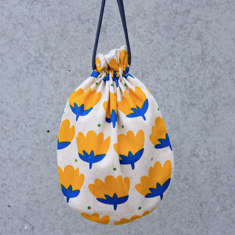 【日本棉麻】元氣小黃花 #束口袋 #手作包 - 水桶袋/索繩袋 - 棉．麻 橘色