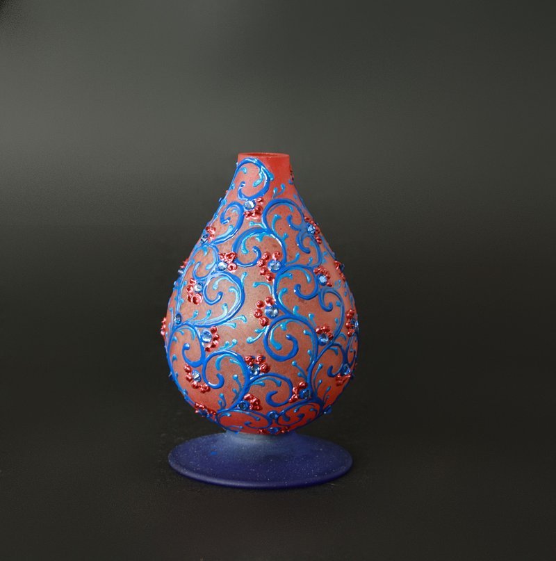 Small Vase Red  Blue Crystals Hand Painted - 擺飾/家飾品 - 玻璃 藍色