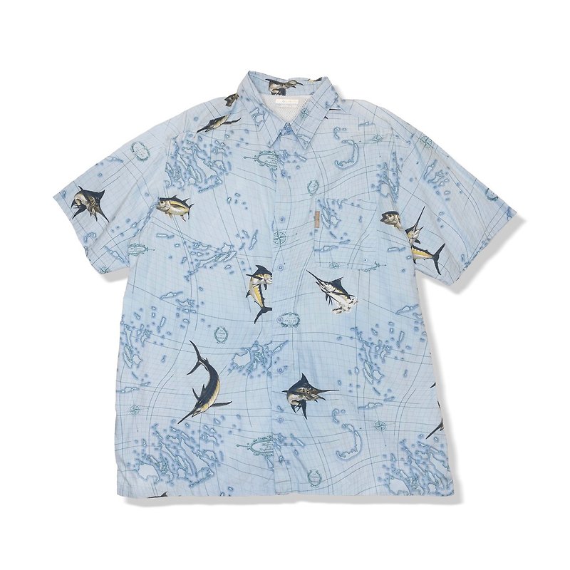 [About vintage selection] Columbia PFG Columbia compass map fishing shirt - เสื้อเชิ้ตผู้ชาย - ผ้าฝ้าย/ผ้าลินิน สีน้ำเงิน