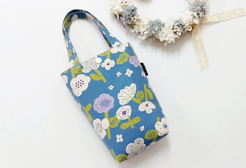 日本布【內防潑水】飲料提袋-水壺提袋-冰壩杯提袋-外出提袋-禮物 - 飲料提袋/杯套 - 棉．麻 藍色